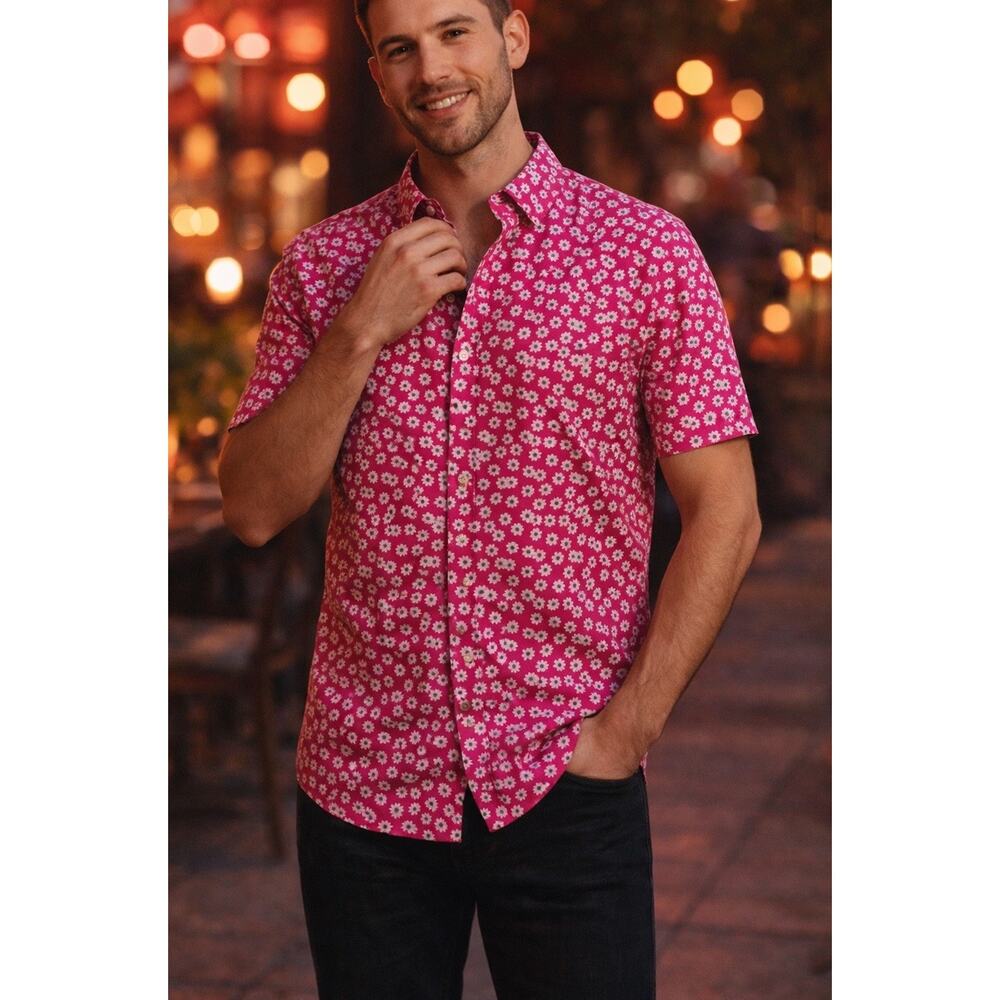 Ted Baker Pink Floral Button Down Shirt Men’s L Luxury Flirty vacation beach EUC